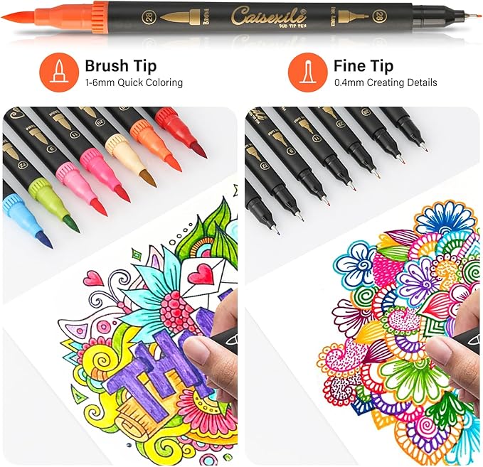 24 Colors Duo Tip Pen Art Markers, Artist Fine & Brush Tip Marker Coloring Markers for Adult Coloring Books Journaling Note Taking Lettering Calligraphy Drawing Pens Supplies