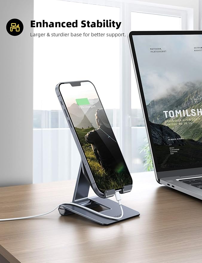 Lamicall Aluminum Metal Adjustable Cell Phone Stand Desk - Heavy Duty Aluminum Metal Foldable Desktop Phone Holder, Cradle, Dock, for iPhone 16 15 14, Plus, Pro, Pro Max, 13 12 X XS,4-11'' Phone Grey