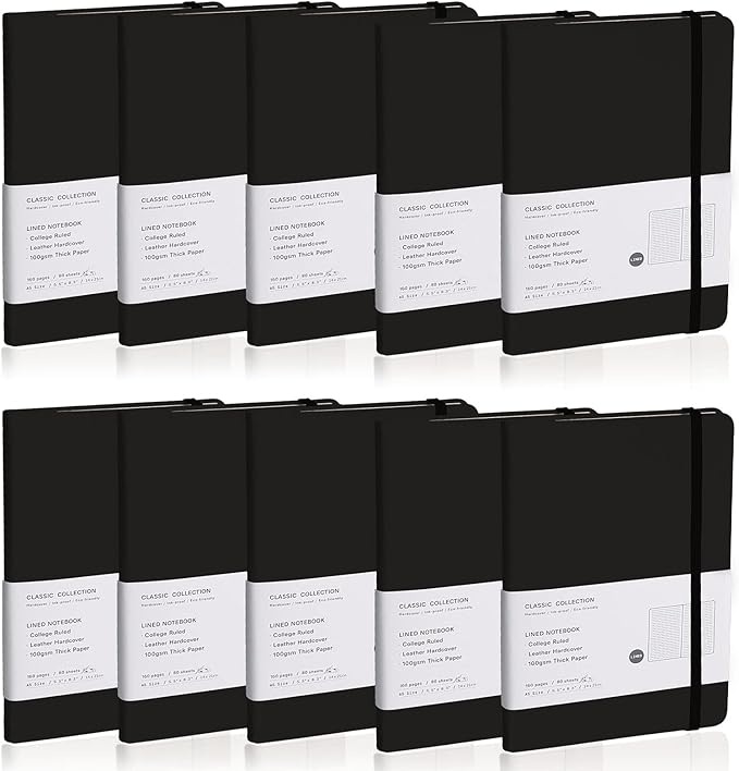 Lined Journal Notebook, 10Pack Hardcover Notebook for Men & Women – Journals for Writing, Work, School, Home & Daily Notes, 160 Pages – Medium A5, 5.7"x8", 100 gsm Thick Paper (Black)