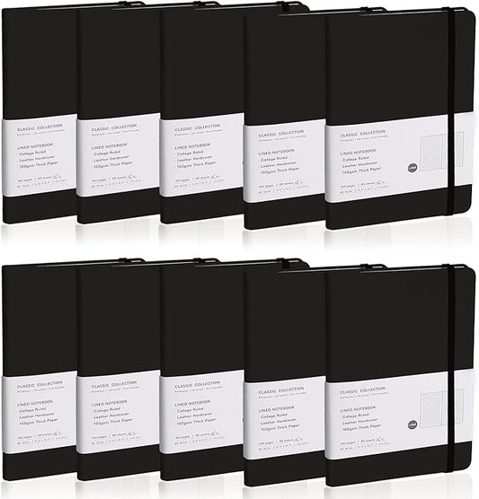 Lined Journal Notebook, 10Pack Hardcover Notebook for Men & Women – Journals for Writing, Work, School, Home & Daily Notes, 160 Pages – Medium A5, 5.7"x8", 100 gsm Thick Paper (Black)