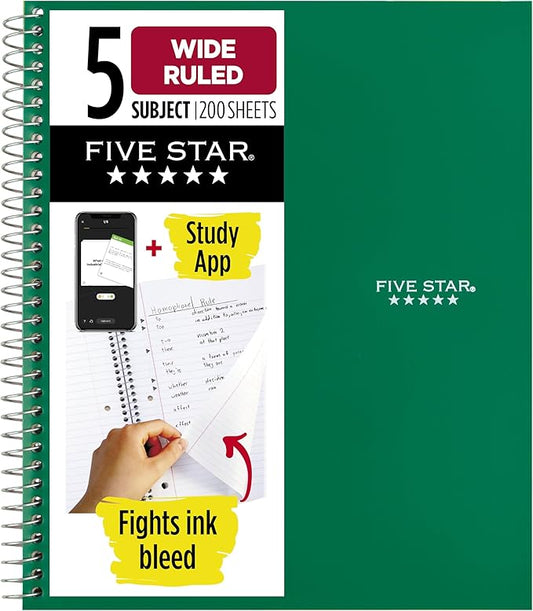 Five Star Spiral Notebook + Study App, 5 Subject, Wide Ruled Paper, 8" x 10-1/2", 200 Sheets, Fights Ink Bleed, Water Resistant Cover, Forest Green (73441)