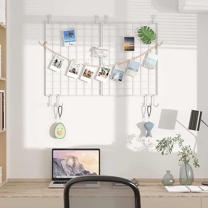 C&AHOME Photo Wall Display Set of 2, Grid Panel with Hooks, Clips, Hemp Cord, Hammer - 15.7" x 11.8", White UWWGM3402W