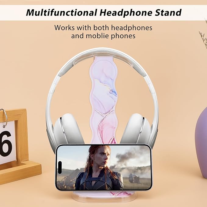 CamyCosy Headphone Stand Gaming Headset Holder for Desk,Luxury Pink Marble Pattern Earphone & Cellphone Stand Desk Accessories for All Headphones Size
