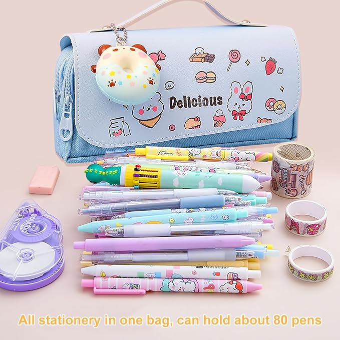 Pencil Case for Girls, Kids Large Capacity Cute Pencil Box with Compartments School Organizer Pen Pouch (Doughnut Blue)