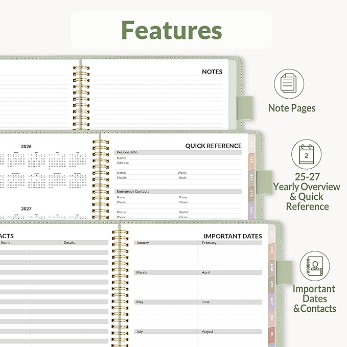 SUNEE 2026 Planner, Weekly and Monthly Calendar Planner 9"x11.2"- 12 Month (January 2026 - December 2026), Vegan Leather Cover, Pocket, Bookmark, Notes, Monthly Tab, Sage Green