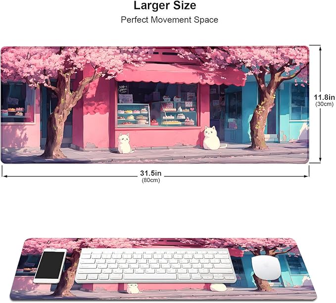 Cute Japanese Cartoon White Cat Large Mouse Pad, Desk Mat Computer Keyboard Pad Non-Slip Rubber Base Waterproof with Stitched Edges for Laptop Gaming, Office & Home 31.5 x 11.8 Inch (XL-20)