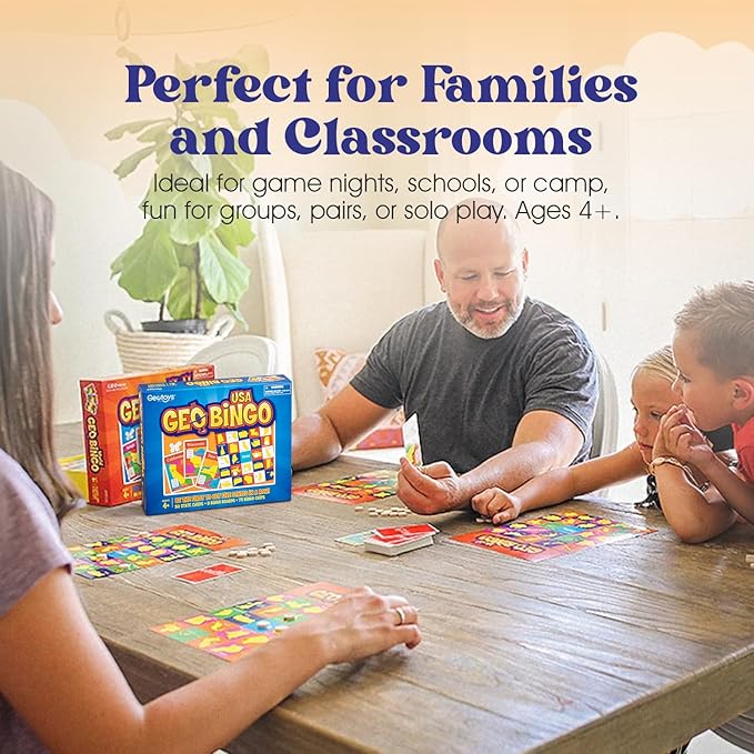 GeoToys GeoBingo Set, World & USA Bingo for Kids Ages 4 and Up, Geography Game for Home & School, Bingo Games for Family, Play and Learn USA States and Capitals and World Countries