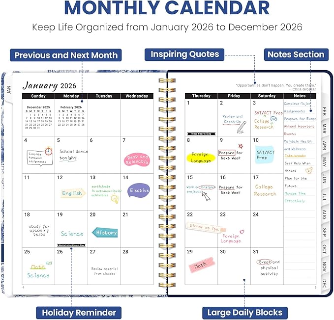 2026 Planner, Weekly and Monthly Planner for Women, Jan 2026 - Dec 2026 Pretty 2026 Calendar Planner with Monthly Tabs, Inner Pocket, Spiral Binding, Perfect for Office Home School - 6.3" x 8.5", Forest Etching