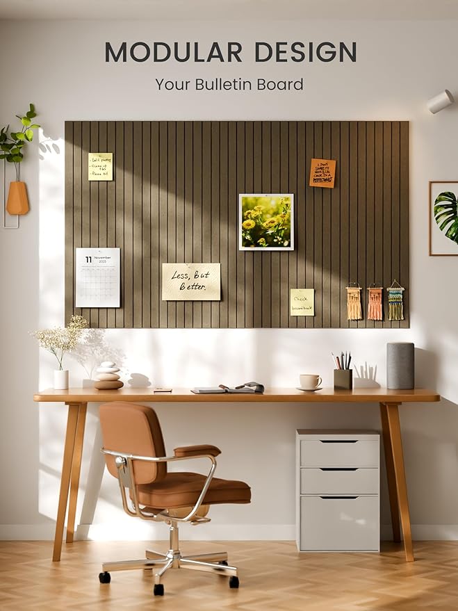 Bumusty Large Cork Board Alternative-36 x 24" Felt Bulletin Board Tiles, with 30 Pushpins, 40 Adhesive Tabs, 6-Pack Slat Wall Paneling, Cork Boards for Office Push Pin Board Felt Board-Earth Brown