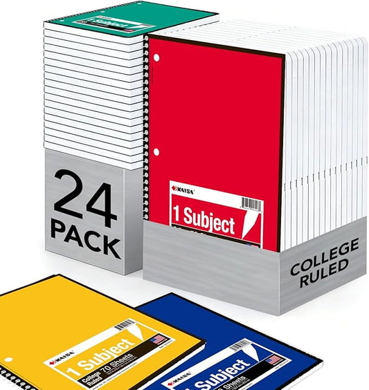 Kaisa 1 Subject Spiral Notebooks, 70 Sheets 6 Vibrant Color Options, 4 Pads Per Color – Abundant Stock for All Your Needs College Ruled 10.5"x8" Paper, Note Books Home School Supplies for Students Office, 1Carton of 24pcs