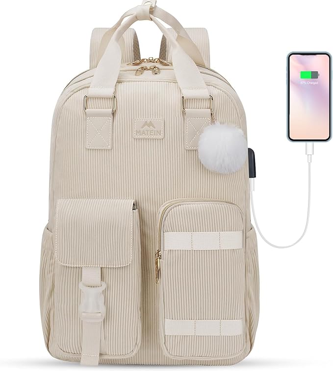 MATEIN Backpack for Teen Girls, 15.6 Inch Cute Corduroy Laptop Backpack Aesthetic College School Bookbag with USB Charging Port, TSA Lightweight Soft Kawaii Travel Backpacks for Women Nurse, Beige