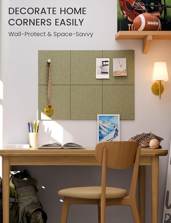 Fluxynara Felt Bulletin Board Tiles -28"x18" Cork Board Alternative for Office Decor, Push Pin Board Wall Organizer 6-Pack -Olive Green