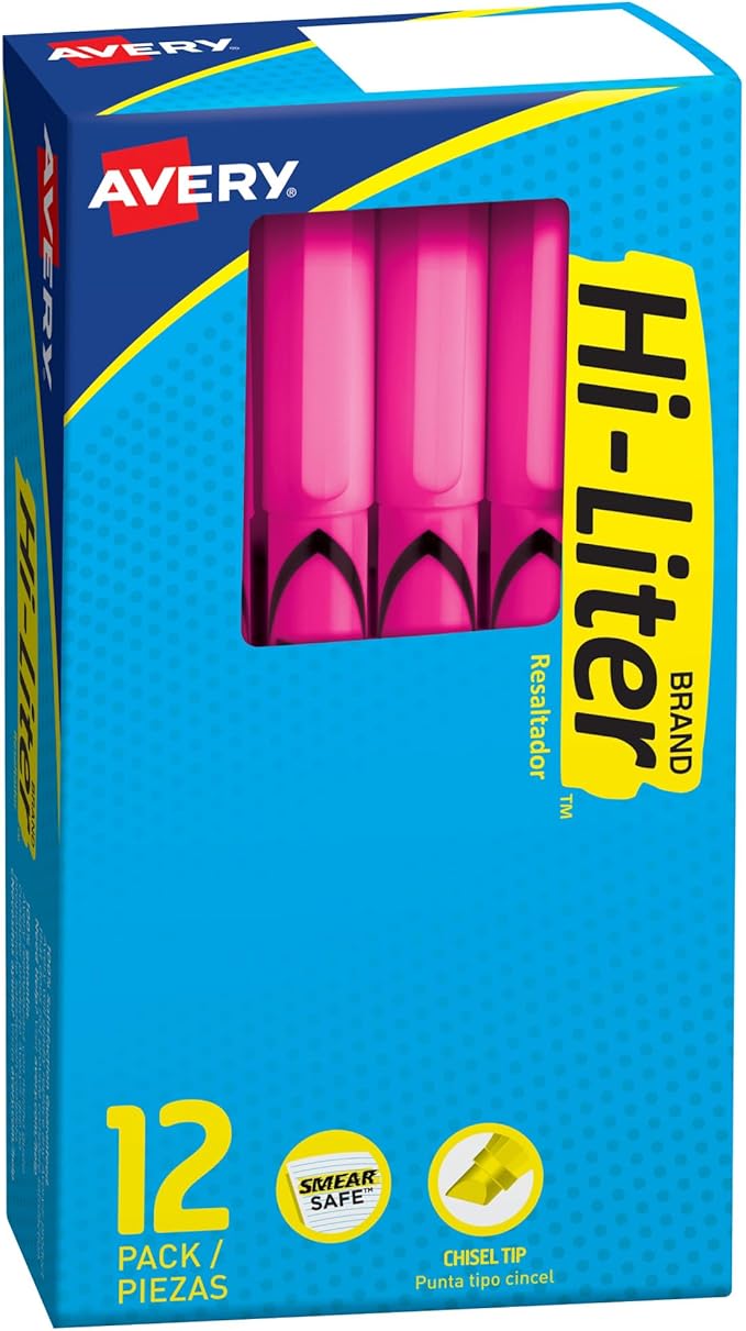 Avery Hi-Liter Pen-Style Highlighters, Smear Safe Ink, Chisel Tip, 12 Fluorescent Pink Highlighters (23592)
