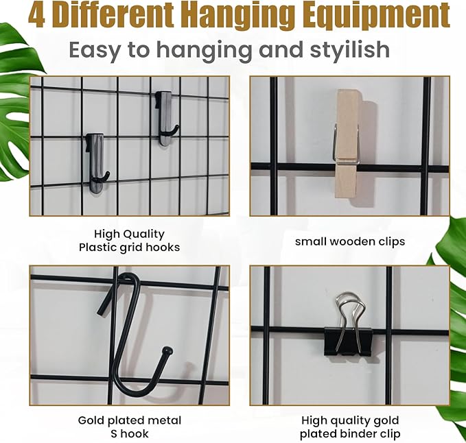 Metal Wire Wall Panel, Wire Mesh Organizer, 17.3"×11.8" Black Wall Grid, 4-Pack with Clips and Hooks