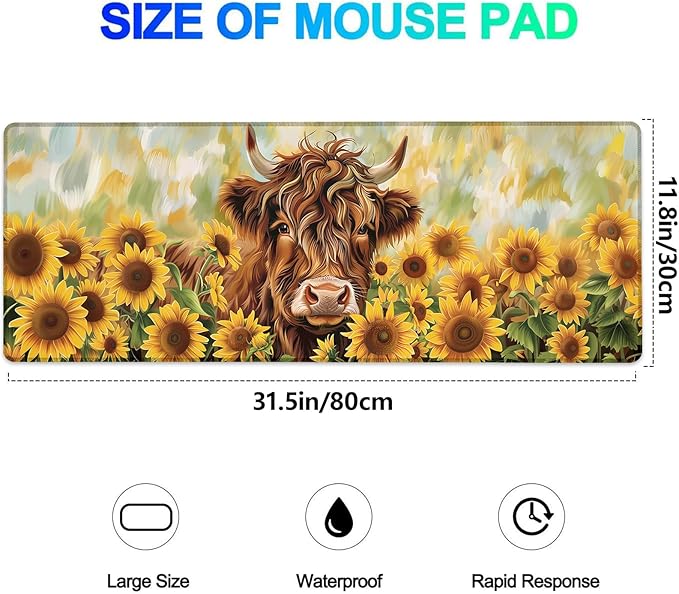 Highland Cow and Sunflower Gaming Mouse Pad, Extended Bright Floral Desk Mat Computer Laptop Mousepad, Robust Stitched Edges, 31.5"×11.8" Large Office Keyboard Mouse Pads for Desktop Decor