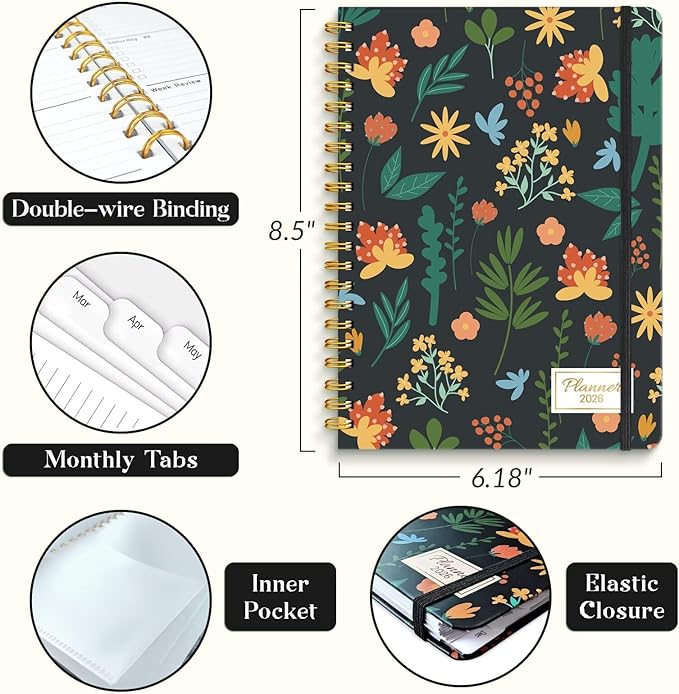 2026 Planner, A5 Weekly and Monthly Planners with Tabs, Spiral Bound Daily Calendar 2026 Planner, Agenda Organizers from Jan. to Dec., Hardcover Habit Tracker Journal 6.18" x 8.5"(Orange Flower)