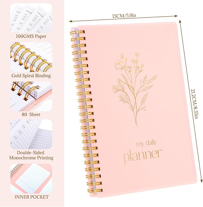 Undated Daily Planner with Hourly Schedule, 5.71" X 8.35" Daily To DO List Noteboook Set Goals A5 Daily Personal Organizer Notepad for School Work Office Improve Efficiency Planner, Pink