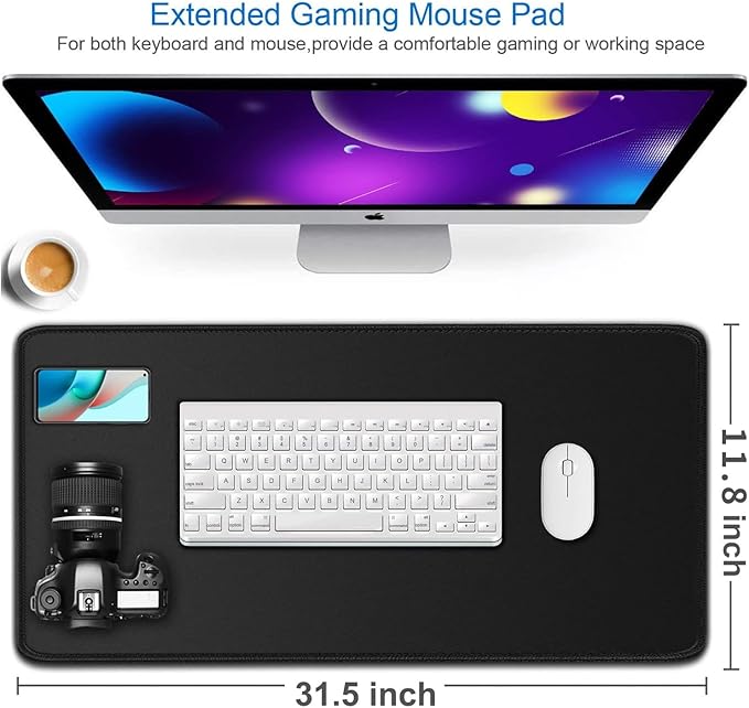 Large Gaming Mouse, 31.5x11.8 inch Large Extended Computer Keyboard Mouse Mat, Water Resist Non-Slip Mousepad Rubber Base Long XXL Desk Mouse Pad for Work & Gaming, Office & Home, Black
