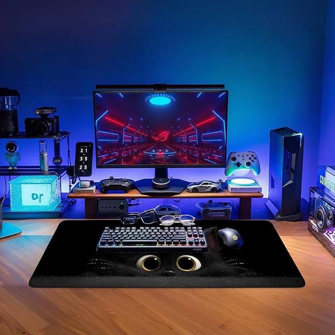 Cat-Inspired Extended Mouse Pad XL 31.5"x11.8" – Large Black Cat Desk Mat – Non-Slip Rubber Base, Stitched Edges