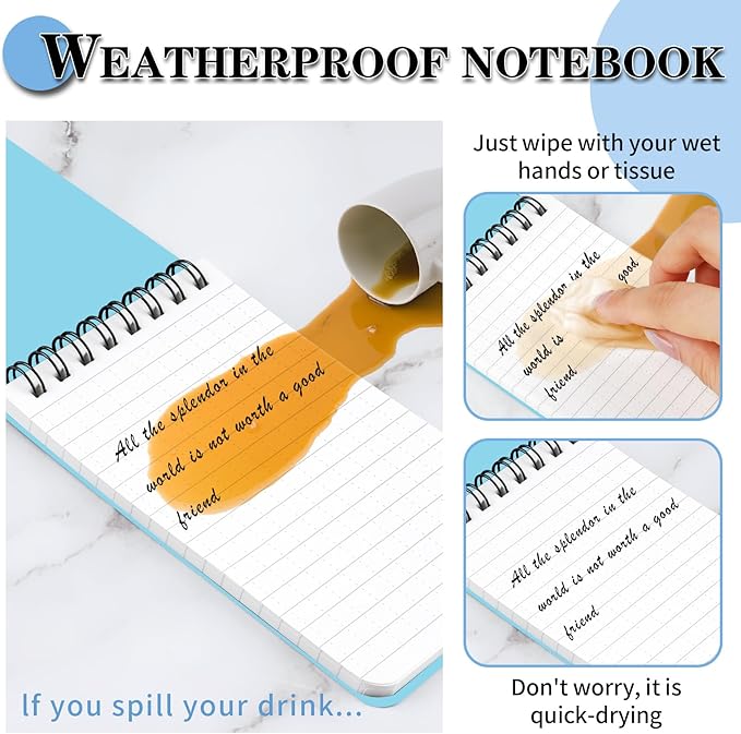 Waterproof Notebook, 4 Pack Top-Spiral Pocket Notepad, 3" x 5" Weatherproof NotePad, All Weather Police Pocket Notebook Little Memo Steno Note Pads for Outdoor Office School Recording, Blue