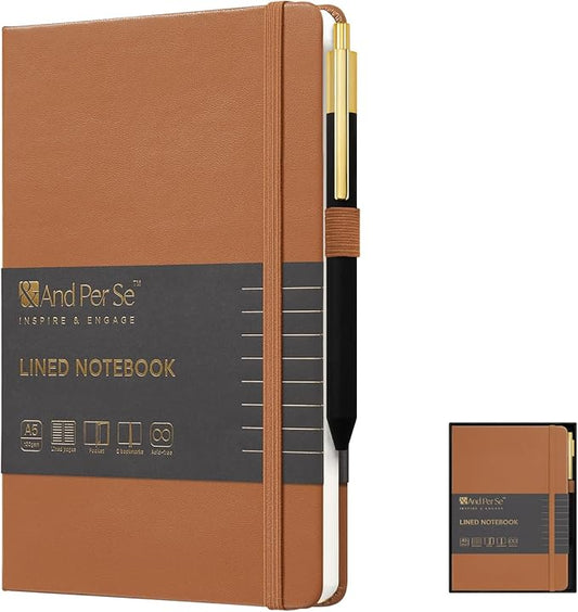 &And Per Se Lined Journal and Pen Set, A5 Leather Hardcover Notebook with Pen & Stationary Set, 160 Pages 100GSM Thick Ruled Paper Journal for Business Work Writing (Light Brown, Gift Set)