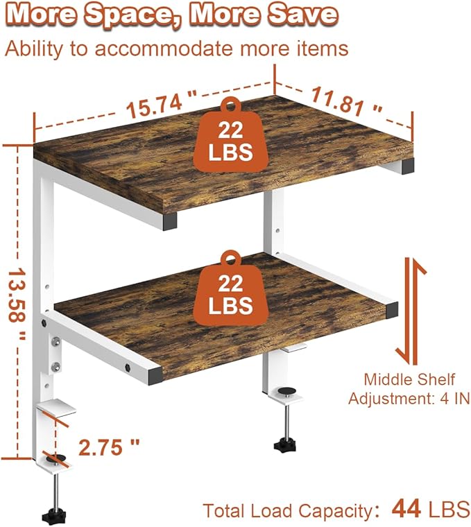 Clamp on Desk Organizer Shelf, Heavy-Duty Desk Extender Side Table with 2-Tier Adjustable Storage Shelves for Desktop Accessories, Gaming Devices, White