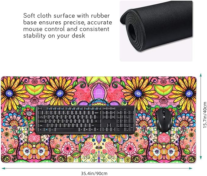 Extra Large Mouse Pads Hippie Flowers XXL Extended Mousepad with Stitched Edges Non-Slip Rubber Base Computer Keyboard Pad Desk Mat for Home Office Desk Decor, 35.4" X 15.7"