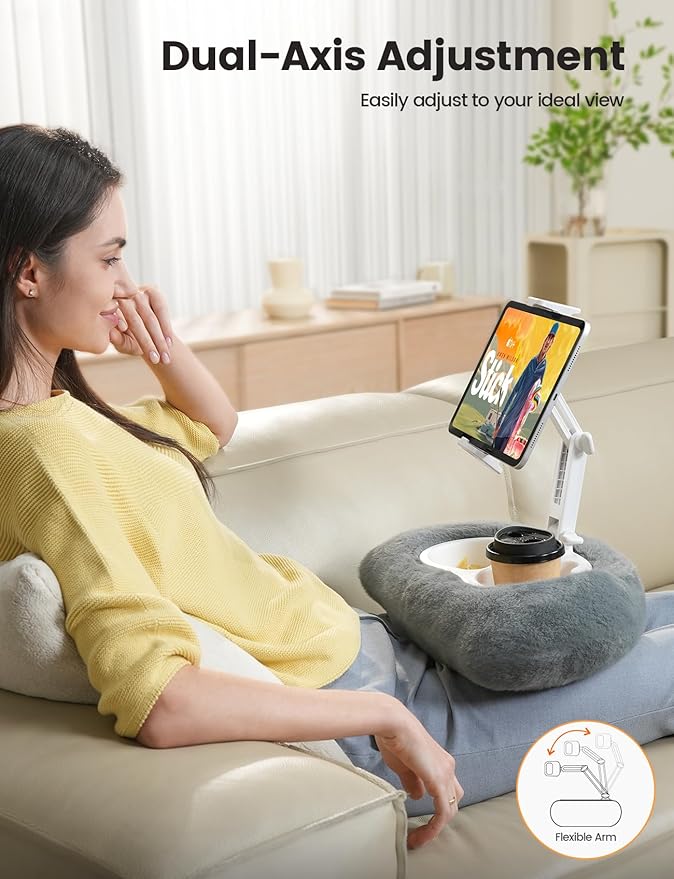 Lamicall Tablet Pillow Stand Holder - [Food-Grade Bowl][Soft & Fluffy] Lap Kindle Holder w/Adjustable Arm, Kindle Accessories for Reading in Bed, iPad Stand Gifts for 4.7-13" Tablet, E-Reader, iPhone