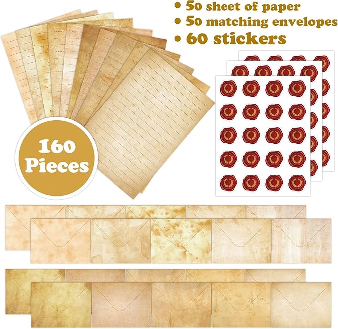 160 Pcs Stationery Paper Envelopes Set Includes 50 Lined Writing Paper & 50 Envelopes with 60 Colorful Round Dot Stickers, Vintage Letter Writing and Stationery Paper Envelopes(10Style)