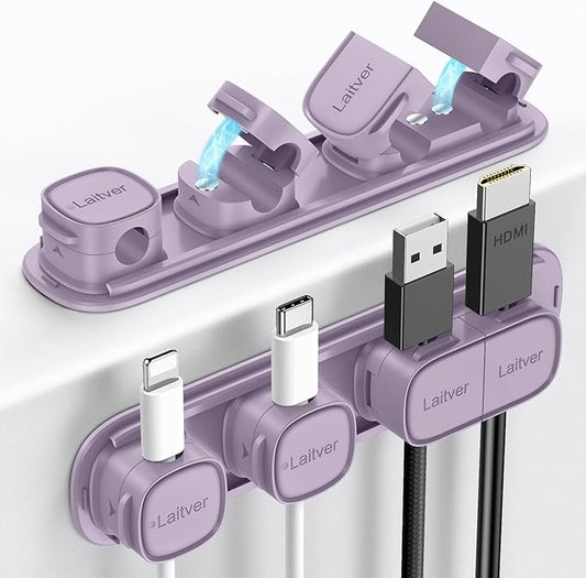 6 Pack Magnetic Cable Clips [1s Open/Lock], Laitver Cord Organizer Holder Strong Adhesive Desk Cable Management- Organize Charging Cords Neatly for Home, Office, Car,Desk, Nightstand-Purple