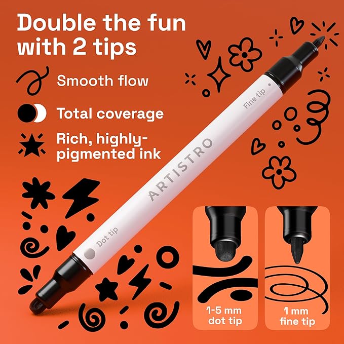 ARTISTRO 12 Black Acrylic Paint Markers for Rock, Fabric, Wood, Glass, Decoration - Dual-Tip Paint Pens for Coloring Books for Adults, Teens, Kids - Art and Craft Supplies Kit - Gift Idea