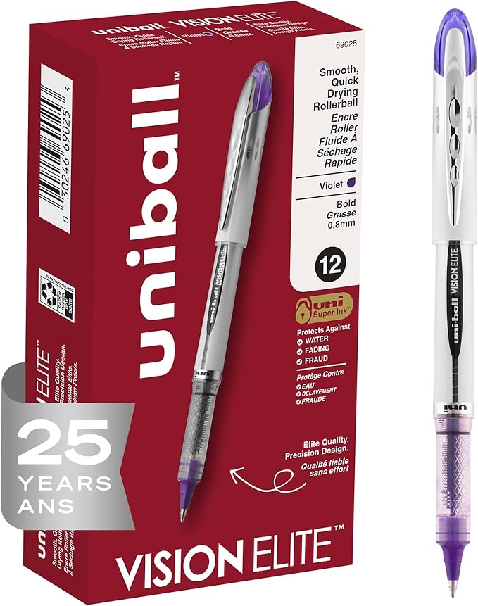 uniball Vision Elite Rollerball Pens, Bold Point (0.8mm), Violet, 12 Pack