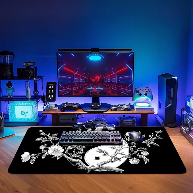 Yin Yang Cherry Blossom Extended Gaming Mouse Pad 35.4 x 15.7 Inch – Zen-Inspired Desk Mat with Non-Slip Rubber Base for Gaming and Office Use