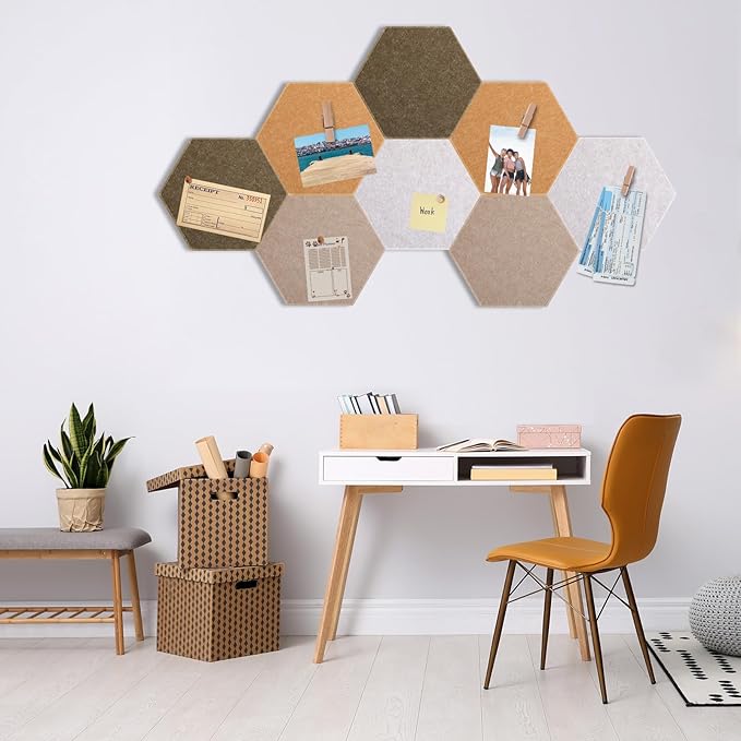 8 Pcs 12" Large Hexagon Felt Cork Board Tiles Self Adhesive DIY Bulletin Board Pin for Office Home Wall Decor Stickers Memos Photos Display with 10 Multi-Color Clip Drawing Pins (Burlywood)