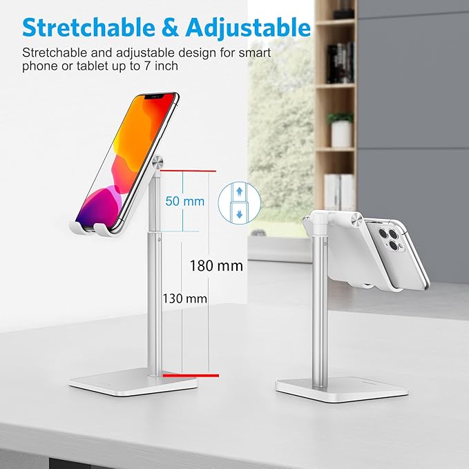 OMOTON Cell Phone Stand, Adjustable Angle Height Desk Phone Dock Holder for iPhone Air 17 Pro Max/Plus/XS/XR, Samsung Galaxy S20 / S10 / S9 / S8 and Other Phones (3.5-7.0-Inch),Silver