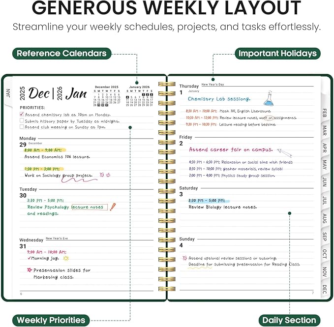 2026 Planner, Weekly and Monthly Calender Planner, Jan 2026 to Dec 2026, Hardcover 2026 Calendar Book with Tabs & Inner Pocket, Office Home School Supplies for Women & Men - A5 (6.3" x 8.5"), Dark Green