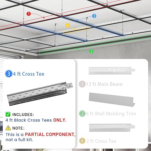10 PCS 48 Inch Cross Tee Drop Ceiling Grid System, 4 Ft Galvanized Steel Rust & Fire Resistance Easy Installation, Ideal for Basement Living Room Garage Kitchen Bathroom Black