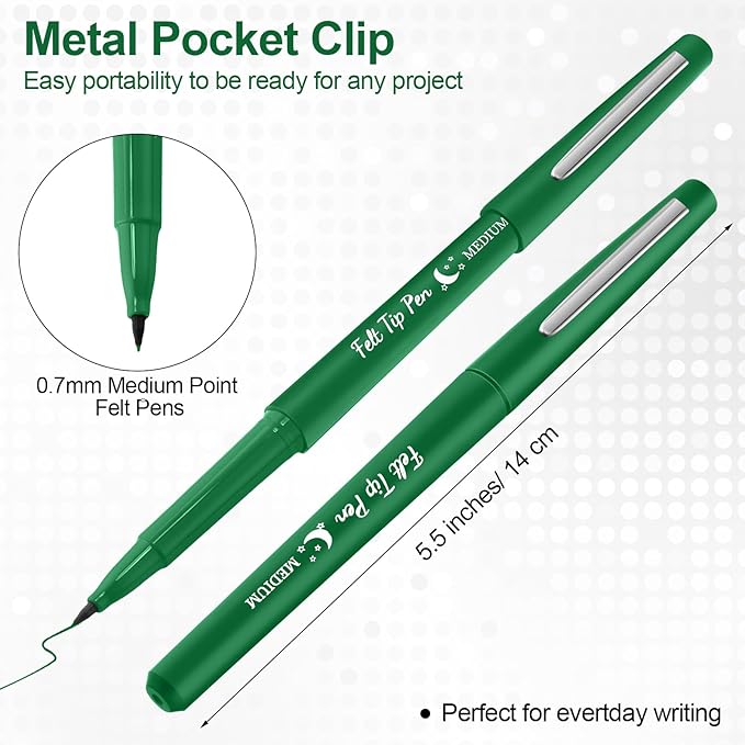 36 Pcs Felt Tip Pens 0.7mm Medium Point Colored Felt Tip Pens for Journaling Planner Writing Note-taking Art Office and School Supplies(Green)