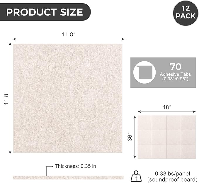 Large Felt Bulletin Board Tiles 48" x 36" Cork Board Alternative 12 Pack with 70 Adhesive Tabs Felt Wall Tiles Cork Boards for Walls Thick Slat Wall Panels for Home Office Classroom Decor