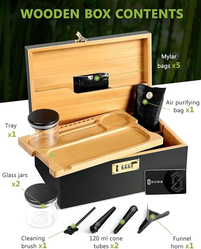 OZCHIN Large Bamboo Box with Combination Lock Decorative box for Home Great Gift Choice Storage Lockbox with Storage Jar, Christmas Gifts for Men Women