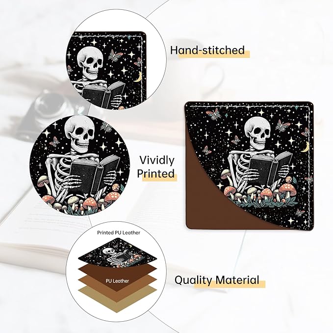2 Pack Skeleton Reading Leather Book Corner Bookmark, Durable Handmade Reading Accessories - Gifts for Readers, Women, Men, Teachers, Students