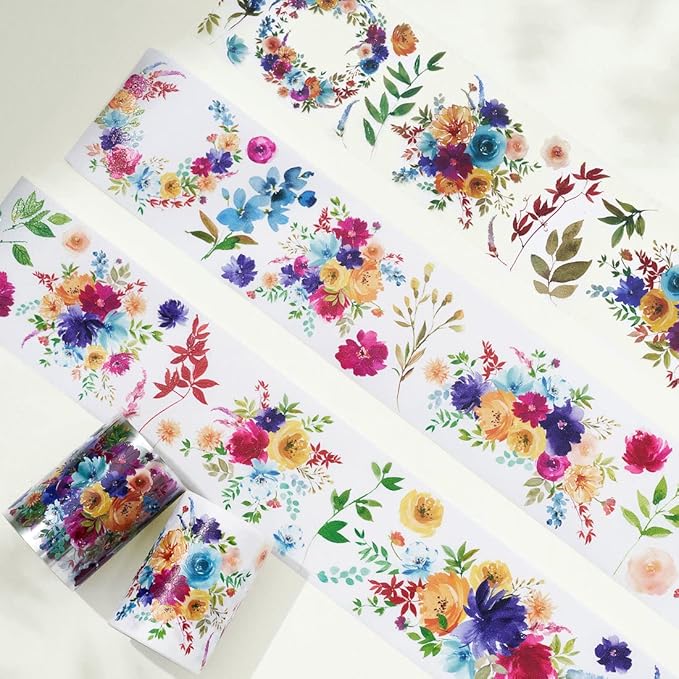 WT Pretty Florals Wide PET Tape, Single Roll, Original Designs, Floral Decorative Tape, Transparent Craft Tape for Bujo Planner & DIY Supplies, Watercolor Flowers