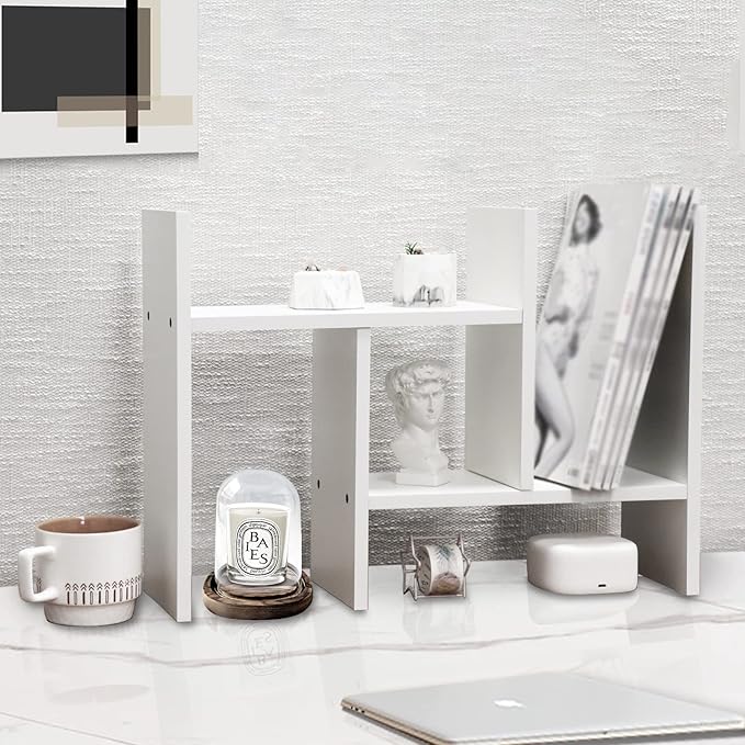 MASAKA B&W - Kawaii Storage Desktop Organizer for Your Desk Space, Double H Plants Display Shelf, Home Office Storage Rack Adjustable Stackable for Office, Dormitory (White*01)