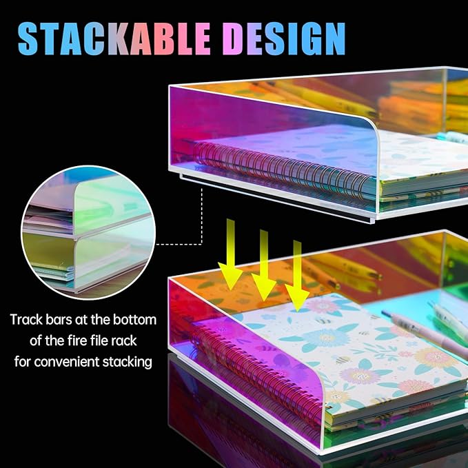 Acrylic Letter Tray 2-Tier Iridescent Stackable Desk Paper Tray Organizer and Office Accessories Supplies, Rainbow Letter Size Desk Accessories Storage Organization (Portrait)
