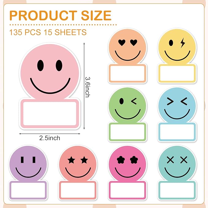 Whaline 135Pcs Pastel Smile Face Name Tag Stickers 9 Designs Nameplate Stickers Cute Classroom Bulletin Board Decoration Label Decal for Office Desk Wall Decor