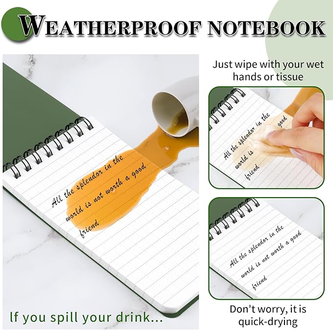 Waterproof Notebook, 4 Pack Top-Spiral Pocket Notepad, 3" x 5" Weatherproof NotePad, Police Pocket Notebook Memo Steno Note Pads for Outdoor Office School Recording, Army Green