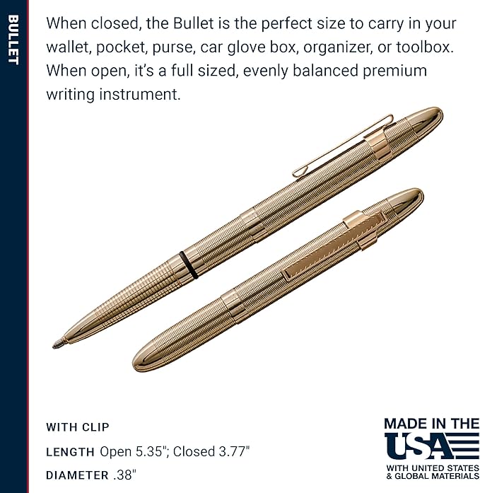 Fisher Space Pen Bullet Space Pen, Lacquered Brass Pressurized Ballpoint Pen, Compact Size, Writes Upside Down, Extreme Temperatures, Smooth Black Ink, Medium Point, Pocket Clip, Gift Box, Made in USA