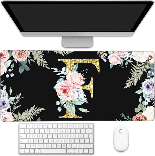 Desk Mat, Flower Golden Letters F Extended Gaming Mouse Pad Large, 35.4"x15.7" Big Mouse Pad with Non-Slip Base and Stitched Edge, Long Computer Keyboard Mouse Mat for Home Office Work