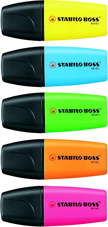 STABILO BOSS Mini Highlighter Set, 5-Color, Yellow, Orange, Pink, Green, and Blue