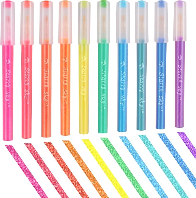 Glitter Highlighters,10Pcs Sparkle Glitter Markers,Chisel Tip Glitter Pens,Glitter Highlighter Assorted Colors ,Mess Free Sparkle Markers,Colorful Supplies for Drawing,Coloring,Journaling,Scrapbooking